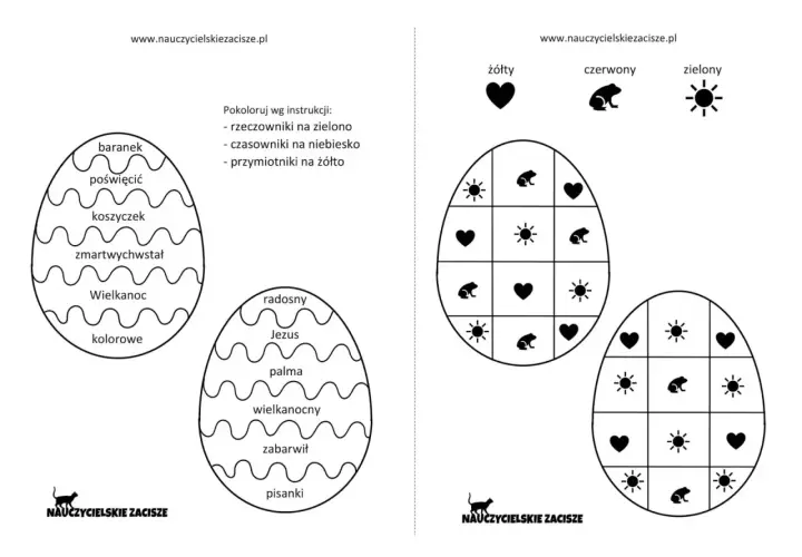 Wielkanoc karty pracy: pisanki z symbolami do kolorowania wg instrukcji.