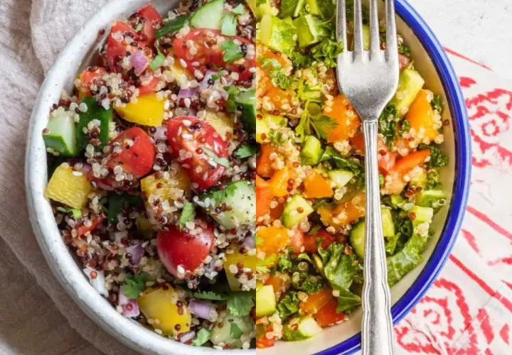 Ensalada de quinoa vibrante con tomates, pepino, pimientos y hierbas frescas. Un tenedor plateado descansa sobre la colorida mezcla.