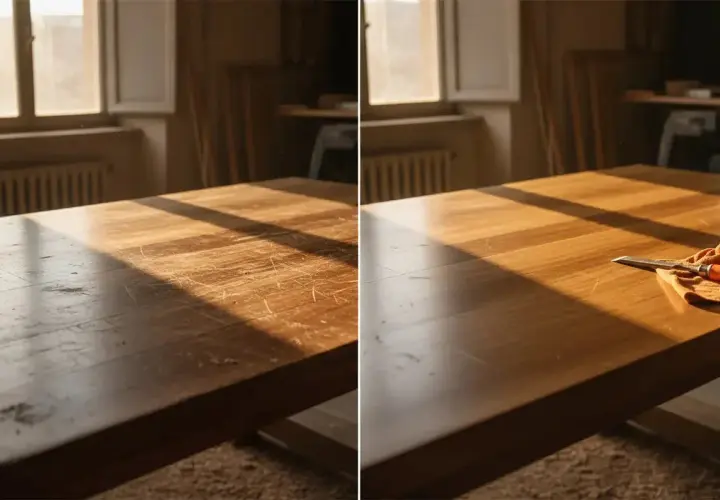 Split image showing a scratched wooden table before and after restoration, with a chisel on a cloth in the after section.