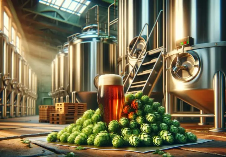 Verre de bière ambrée sur un tas de houblon sec, entouré de cuves de brassage.