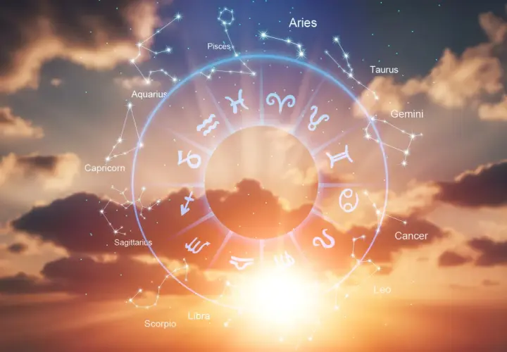 Zodiakalny krąg z konstelacjami na tle zachodzącego słońca. Czy wodnik i bliźnięta pasują do siebie?