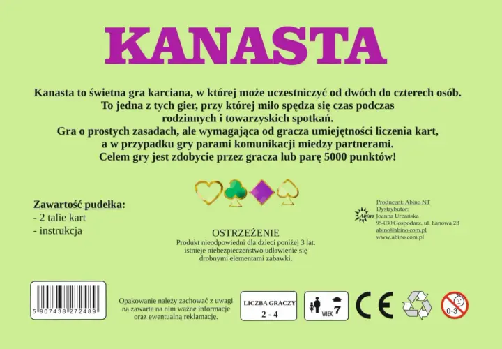 Kanasta – gra karciana dla 2-4 osób. W pudełku 2 talie kart i instrukcja. Idealna na rodzinne spotkania.