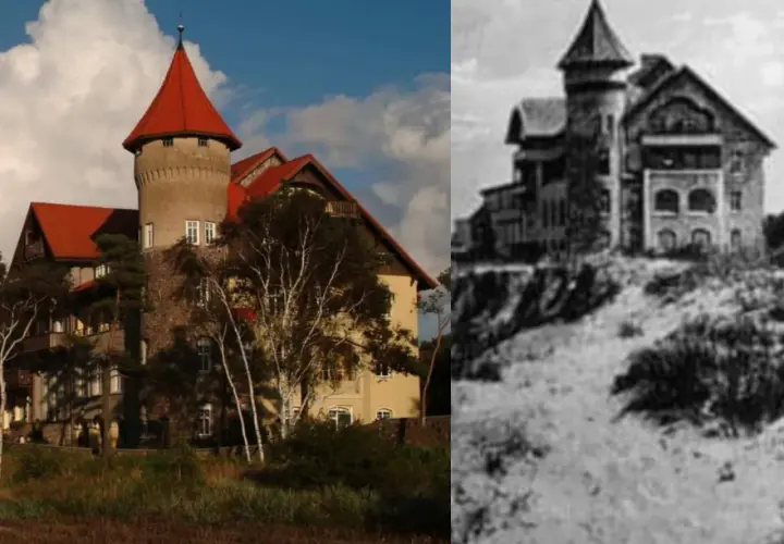 Zamek w Łebie, dawniej willa, dziś hotel. Obok historyczne zdjęcie tej samej budowli.