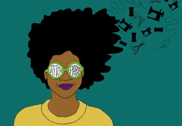 A woman with large glasses that say "Stitch Please" has sewing notions like sewing machines, spools, and scissors floating from her hair. Perfect for sewing podcasts!