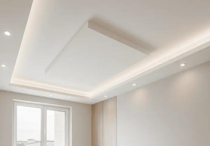 Soffitto moderno con doppia struttura cartongesso, illuminazione a LED integrata e faretti incassati.