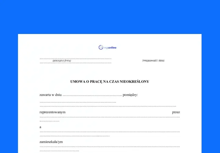 Formularz umowy o pracę na czas nieokreślony, gotowy do wypełnienia.