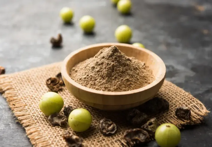 Polvere di triphala in una ciotola di legno, con accanto frutti di amla e parti essiccate. Il triphala a cosa serve? Aiuta la digestione e il benessere generale.