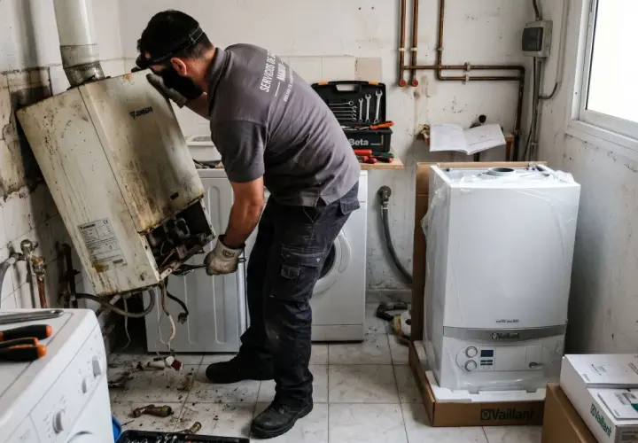 Técnico trabajando para cambiar caldera de gas. Retira una vieja y sucia caldera Junkers, mientras una nueva Vaillant espera en su caja.
