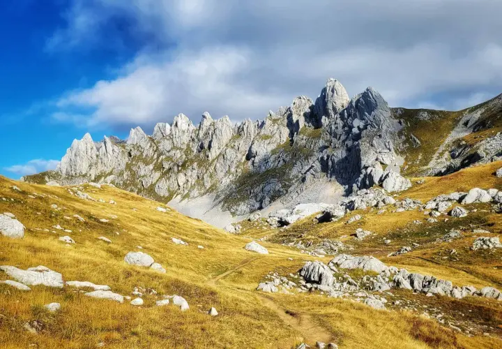 A winding path leads through golden grass and rocks towards the jagged peaks of Bobotov Kuk, a stunning hike under a dramatic sky.