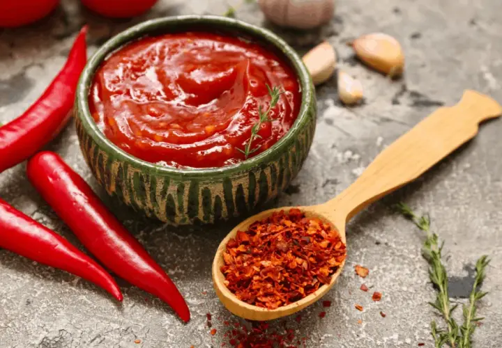 Miseczka pełna pikantnego sosu meksykańskiego, obok świeże papryczki chili i łyżka płatków chili.