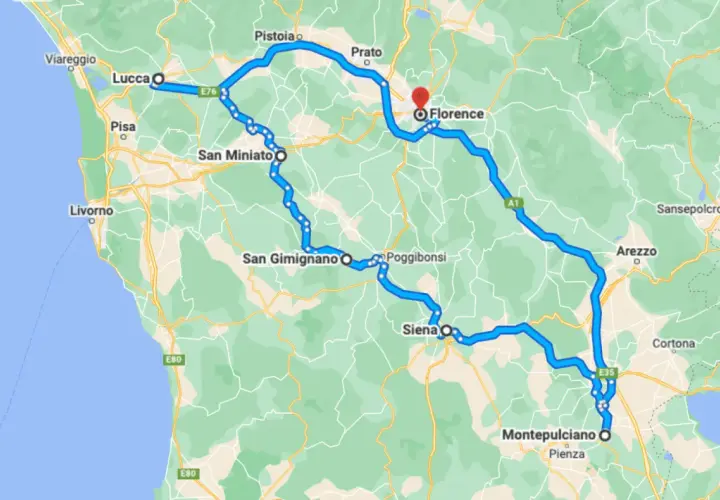 A scenic route map showing a car journey from Rome to Tuscany, passing through Florence, Siena, San Gimignano, Lucca, and Pisa.