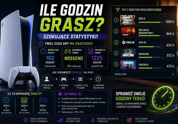 Ile godzin grasz? Średnio 102h miesięcznie, a rocznie to nawet 1225h! Sprawdź swoje statystyki, bo awaria dzisiaj nie powinna Cię powstrzymać przed graniem.