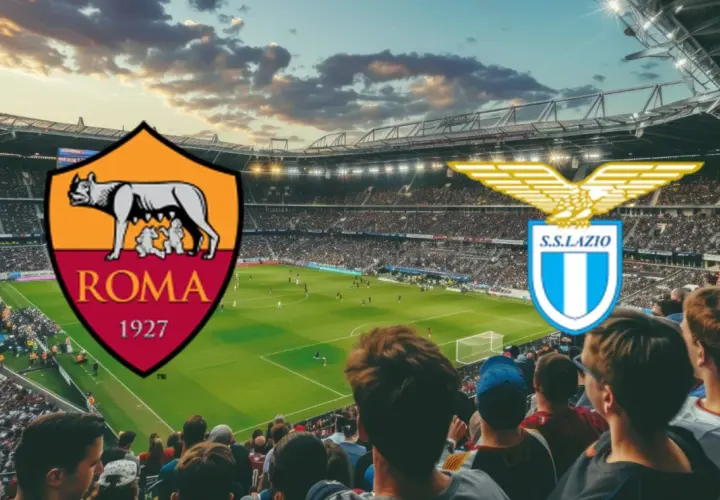 Stadion pełen kibiców, na murawie grają dwa kluby piłkarskie z Rzymu: AS Roma i SS Lazio.