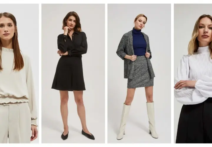 Eleganckie stylizacje ubrań na co dzień: beżowy komplet, czarna sukienka, tweedowy zestaw i biała bluzka z czarnymi spodniami.