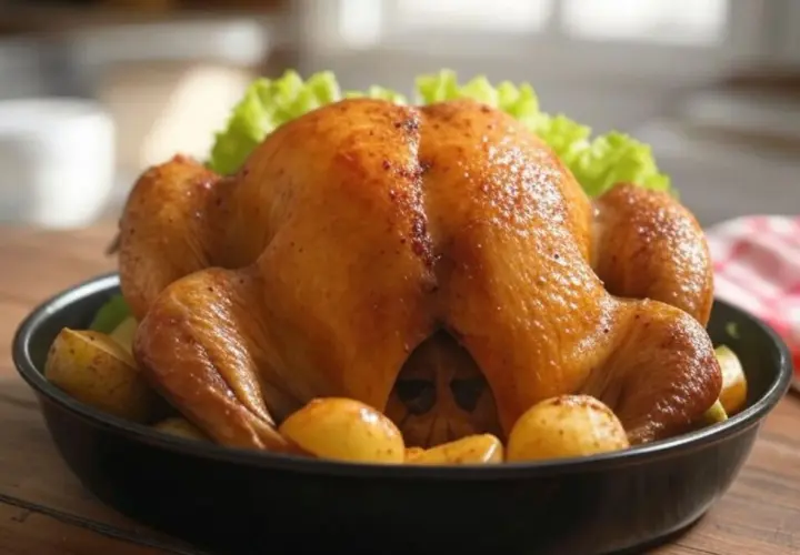 Une pintade au four dorée, accompagnée de pommes de terre rôties et de feuilles de laitue, prête à être dégustée.
