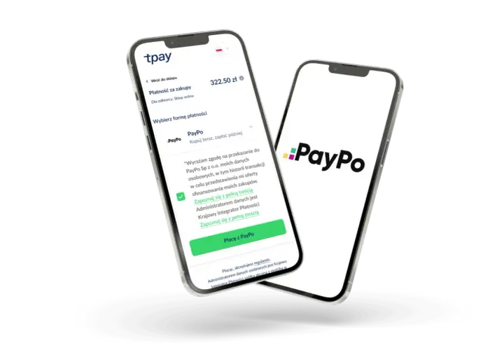 Dwa telefony prezentują płatność PayPo. Na jednym ekranie widać proces zakupu online z opcją "Kupuj teraz, zapłać później" za pomocą PayPo.