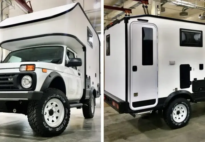 Biały Lada Niva camper z zabudową mieszkalną, gotowy na przygody.
