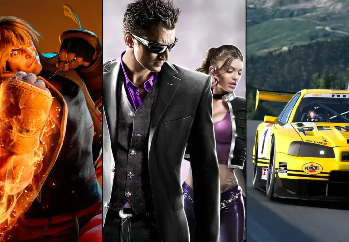 Trzy sceny z gier: płonący wojownik, para w stylu Saints Row i żółty samochód wyścigowy. Idealne gry na 2 osoby.