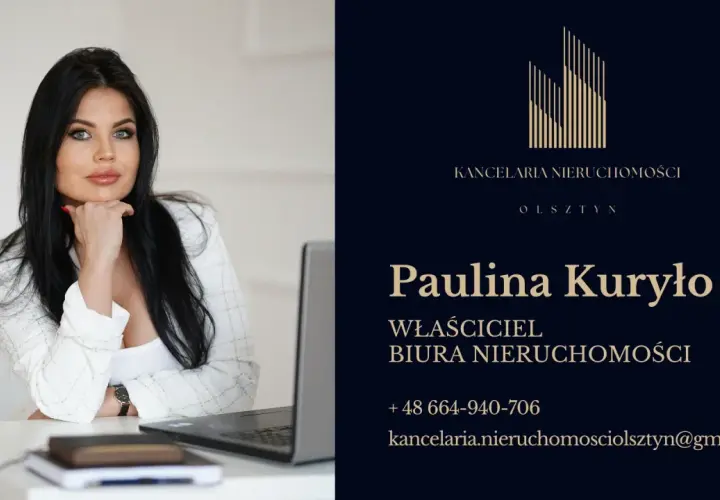 Portret kobiety w białej marynarce, obok logo i danych kontaktowych biura nieruchomości.