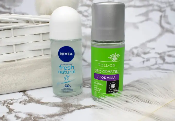 Dwa antyperspiranty: Nivea Fresh Natural i Urtekram Aloe Vera. Wybierz swój ulubiony, gdy szukasz ochrony bez aluminium.