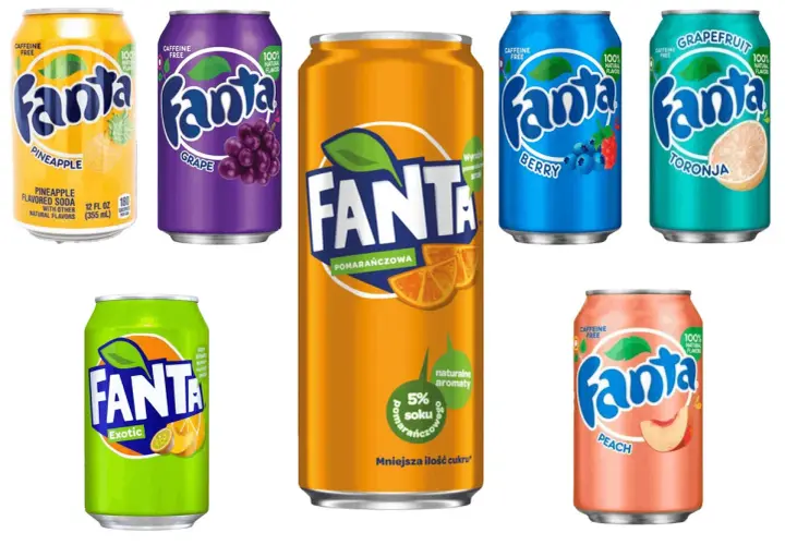 Puszki napojów Fanta o różnych smakach: pomarańczowa, winogronowa, egzotyczna, brzoskwiniowa, jagodowa i grejpfrutowa.