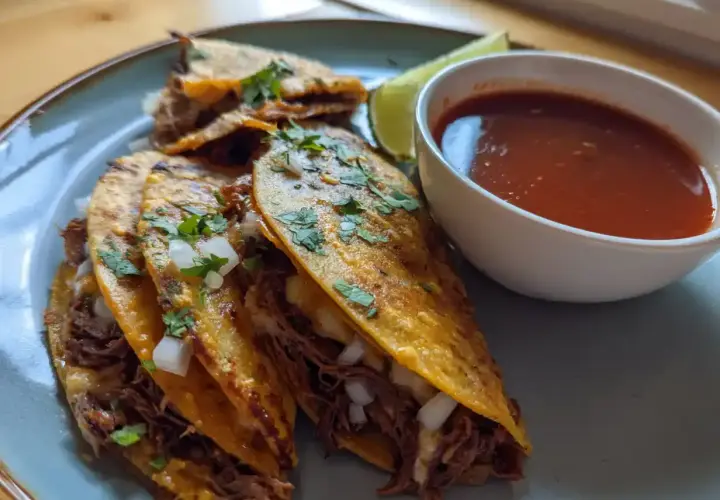 Tre saftiga birria tacos med strimlat kött, lök och koriander, serverade med en skål consommé och en limeklyfta.