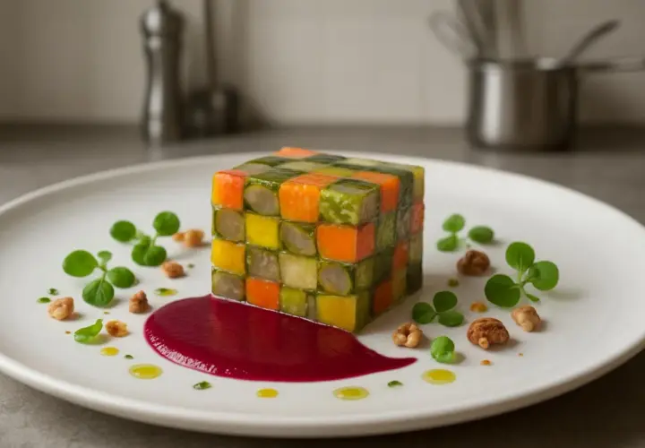 Un cube de légumes colorés, comme une entrée froide artistique, est servi avec une sauce rouge vif et des garnitures vertes.