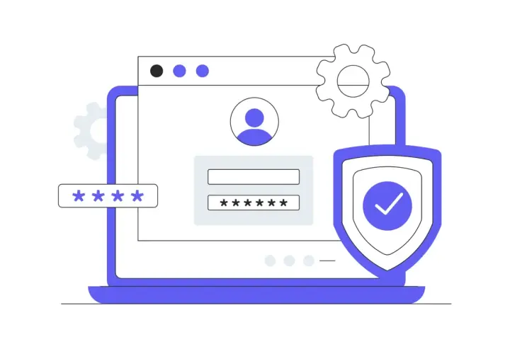 Ilustracja przedstawia ekran logowania z polami na hasło i ikoną tarczy, symbolizującą bezpieczeństwo. To pokazuje, bitlocker co to jest – ochrona danych.