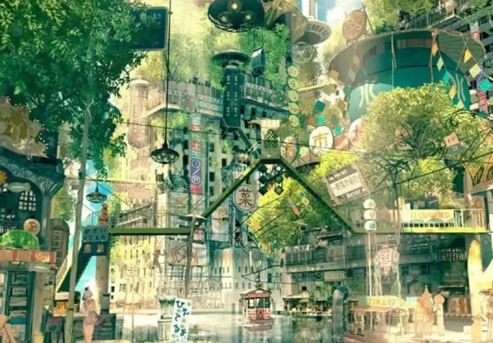Zielona, bujna metropolia z elementami natury i technologii, odzwierciedlająca cechy charakterystyczne nurtu solarpunk w literaturze jutra.