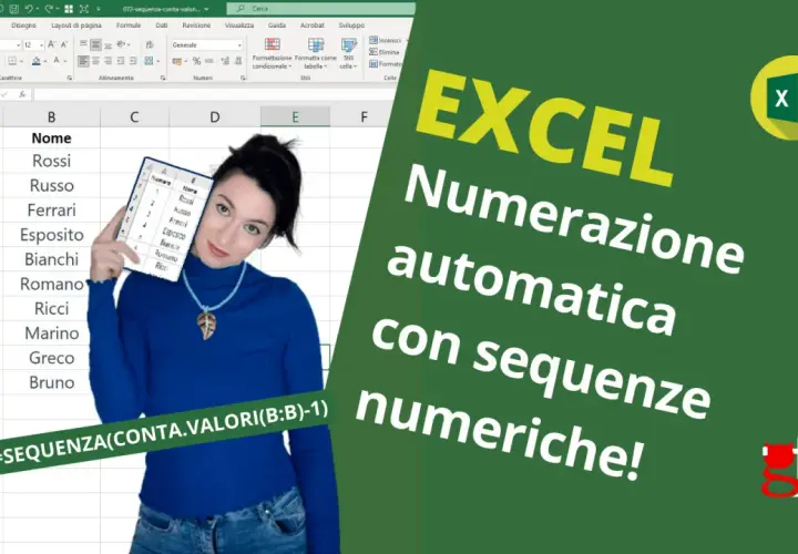 Una donna mostra un foglio di calcolo Excel con un elenco numerato e la formula per la numerazione automatica con sequenze numeriche.