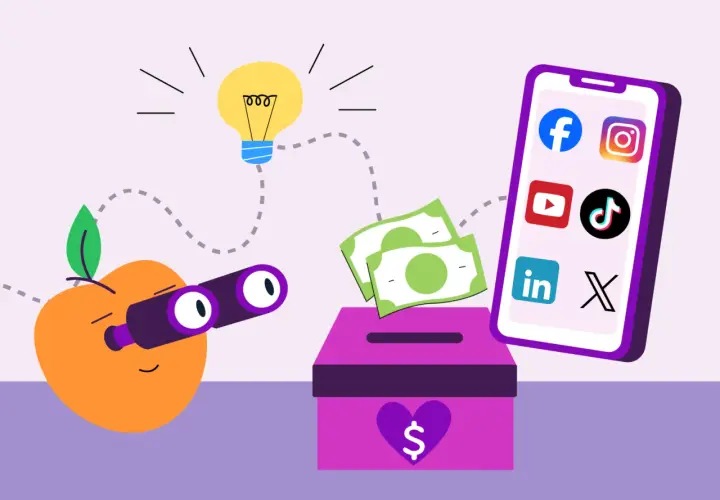 An apple with binoculars looks at a lightbulb, symbolizing ideas for social media fundraisers. Money flows into a donation box from a phone displaying social media icons.