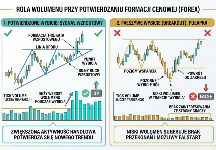 Analiza wolumenu na rynkach światowych: potwierdzone wybicie z formacji trójkąta wzrostowego vs fałszywe wybicie.