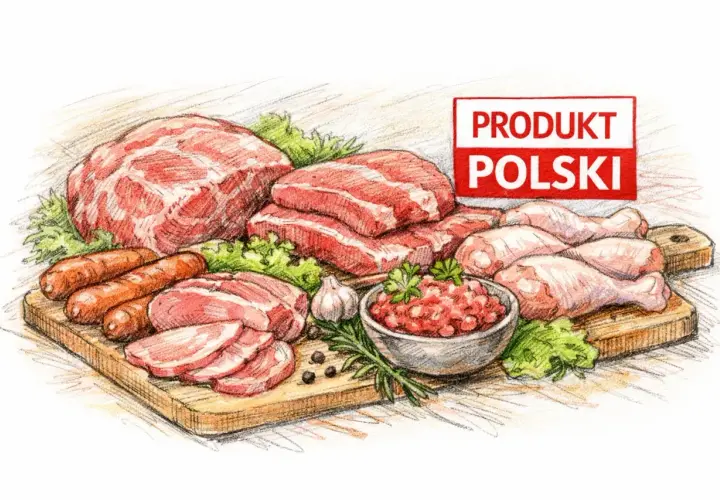 Co jeśli serial o polskim mięsie? Różne rodzaje mięsa, kiełbaski, kurczak, mielone, czosnek, zioła na desce.