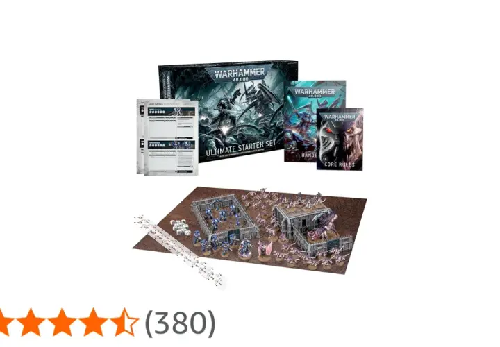 Warhammer 40,000 Ultimate Starter Set z figurkami Space Marines i Tyranidów, podręcznikami i akcesoriami do gry.