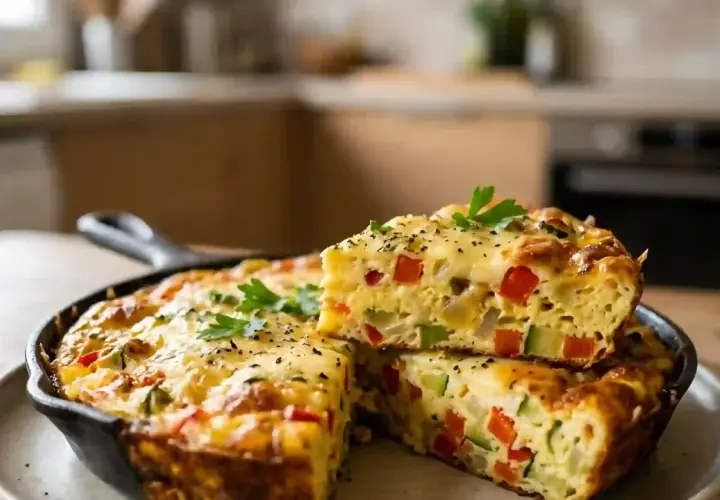 Une délicieuse frittata aux légumes, garnie de persil frais, est servie dans une poêle en fonte.