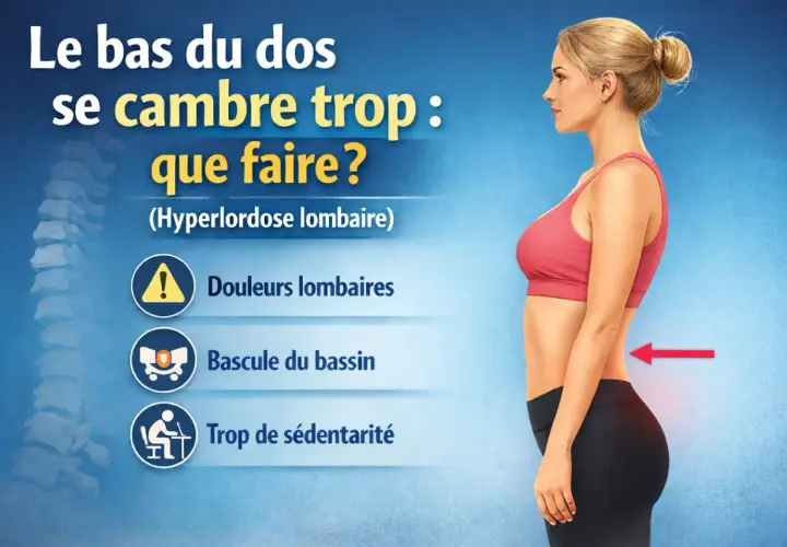 Femme avec une hyperlordose lombaire, le bas du dos se cambre trop. Causes : douleurs lombaires, bascule du bassin, sédentarité.