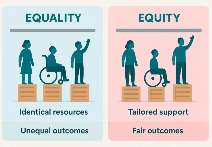 Illustration comparing equality (identical resources, unequal outcomes) with equity (tailored support, fair outcomes), highlighting the importance of equity for all.
