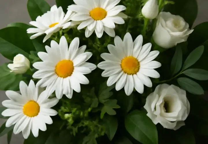 En bukett med vita marguerite blommor och vita rosor, omgiven av gröna blad.
