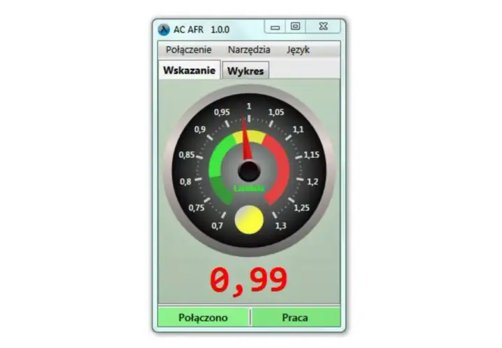 Wskaźnik AFR na ekranie komputera pokazuje wartość 0,99. Wskaźnik lambda jest w strefie czerwonej.