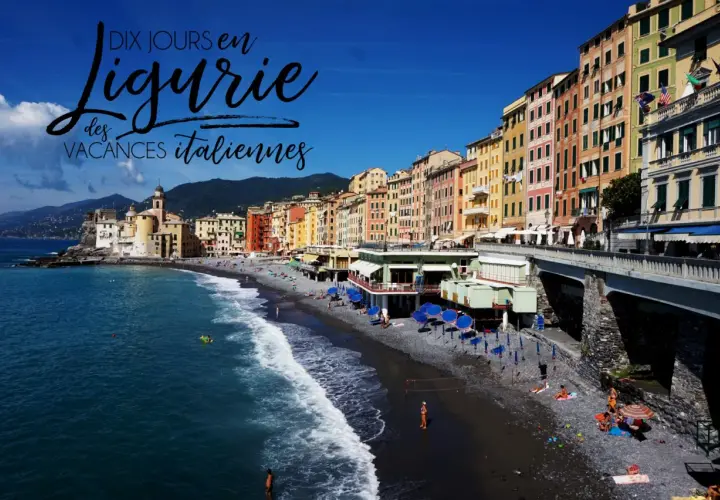 Vue de Camogli, Italie, avec ses maisons colorées, sa plage de galets et la mer bleue. Parfait pour des vacances d'été en Luni.