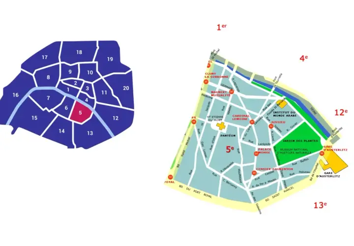 Mapa Paryża z zaznaczonymi dzielnicami. Wyróżniona 5 dzielnica Paryża, znana z Panteonu i Ogrodu Botanicznego.