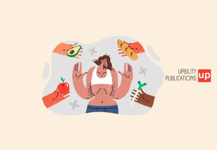 Mani offrono cibo a una persona che lotta con disturbi alimentari. Un'illustrazione che simboleggia la pressione e la confusione.