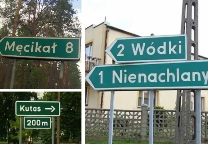 Znaki drogowe z zabawnymi nazwami miejscowości: Męcikat, Kutas, Wódki, Nienachlany.