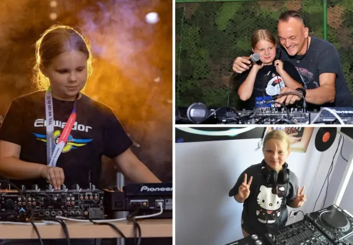 Młoda DJ-ka przy konsoli, z mężczyzną przy mikrofonie i z gestem pokoju.