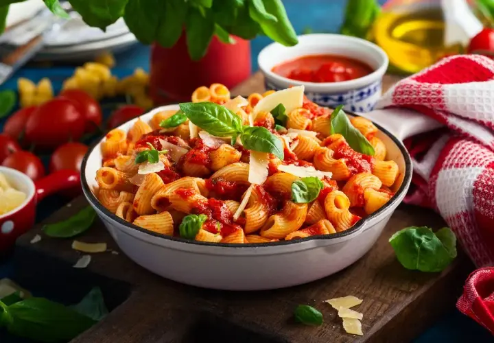 Piatto invitante di pasta con peperoni, condita con salsa rossa, basilico fresco e scaglie di parmigiano.