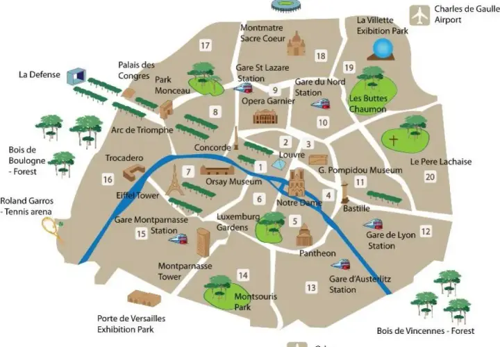 Mapa turystyczna aglomeracji paryskiej z zaznaczonymi atrakcjami: Wieża Eiffla, Luwr, Notre Dame, Łuk Triumfalny, parki i lotniska.