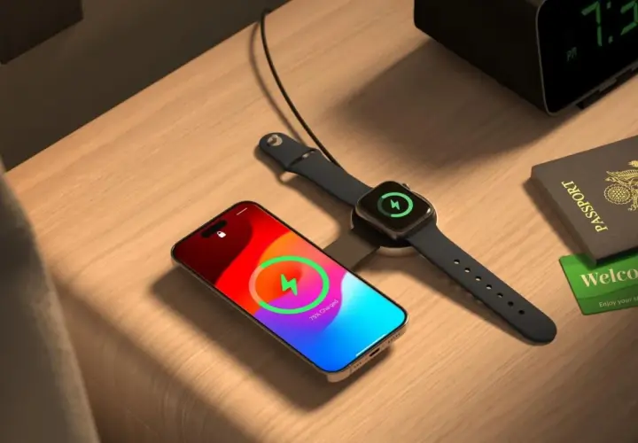 Na stoliku nocnym leży iPhone i Apple Watch ładowane bezprzewodowo. Obok paszport i karta "Welcome". To pokazuje, jak działa magsafe co to za technologia.