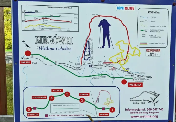 Mapa tras biegowych w Wetlinie i okolicach. Widać szlaki narciarskie, turystyczne i drogi.