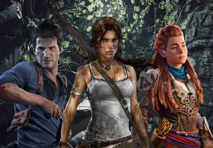 Nathan Drake, Lara Croft i Aloy – bohaterowie gier podobnych do Tomb Raider, gotowi na przygodę w dżungli.