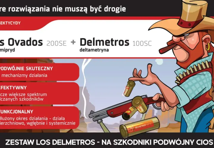 Kowboj z cygarem i rewolwerem prezentuje zestaw Los Delmetros, skuteczne rozwiązanie na szkodniki.